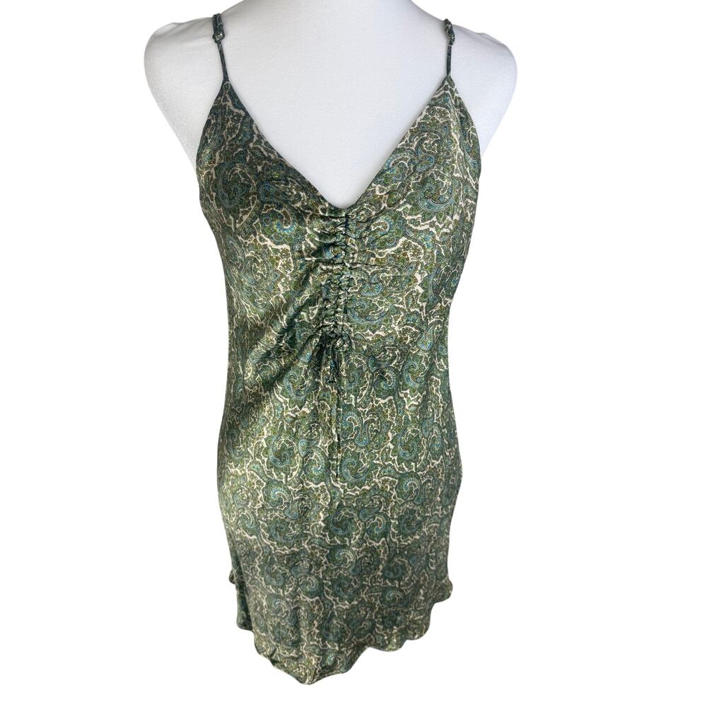 Zara Womens Spaghetti Strap V-Neck Front Tie Satin Green Paisley Dress Small
